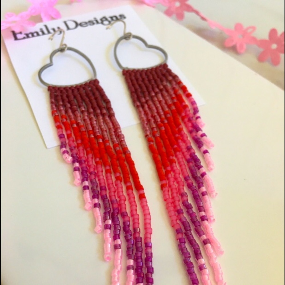 Red heart fringe earrings